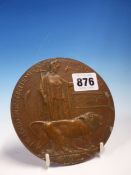 A FIRST WORLD WAR DEATH PENNY COMMEMORATING PRIVATE WILLIAM CECIL MILLAR OF THE MACHINE GUN CORPS