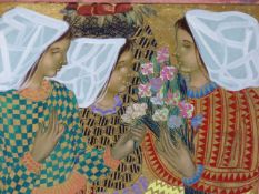 20th/21st.C. CONTINENTAL SCHOOL. THREE GIRLS IN TRADITIONAL FOLK COSTUME, SIGNED INDISTINCTLY, OIL