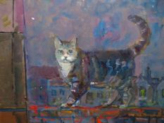 RUSKIN SPEAR (1911-1990). ARR. CAT ON THE TILES, SIGNED, OIL ON BOARD, GALLERY LABEL VERSO, 49 x