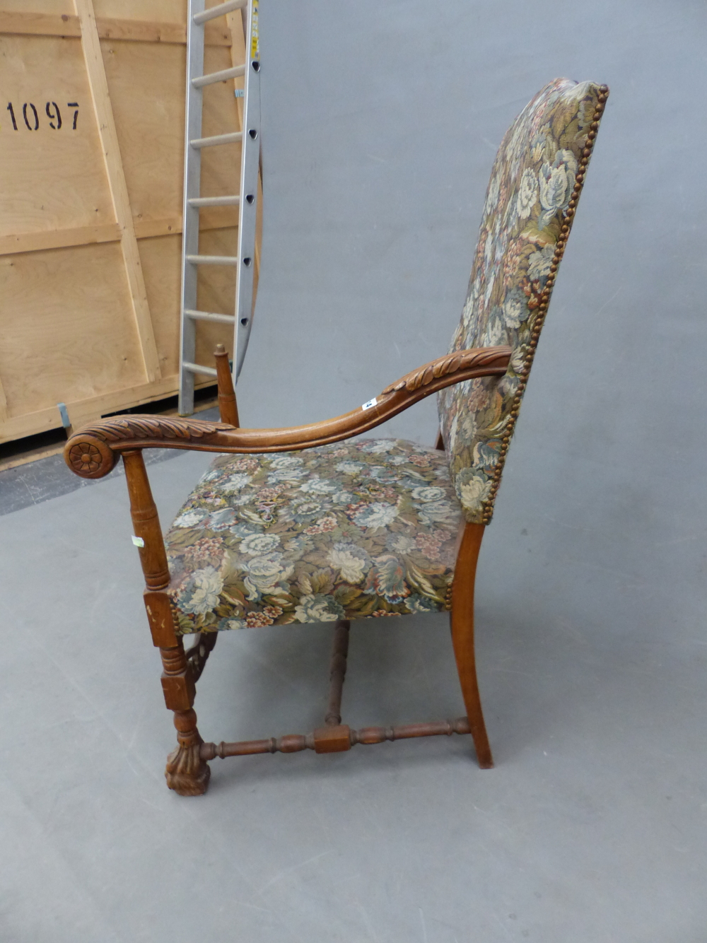 A CHARLES II STYLE BEECH WOOD ELBOW CHAIR WITH FLORAL UPHOLSTERED RECTANGULAR BACK AND SEAT - Image 8 of 9