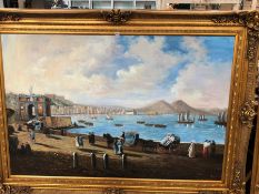 A LARGE DECORATIVE PAINTING ON CANVAS, MEDITERRANEAN PORT SCENE, IN SWEPT GILT FRAME. THE FRAME