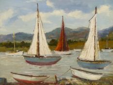 RONALD OSSORY DUNLOP (1894-1973). ARR. SAIL BOATS IN AN ESTUARY, SIGNED, OIL ON CANVAS, 41 x 51cms.