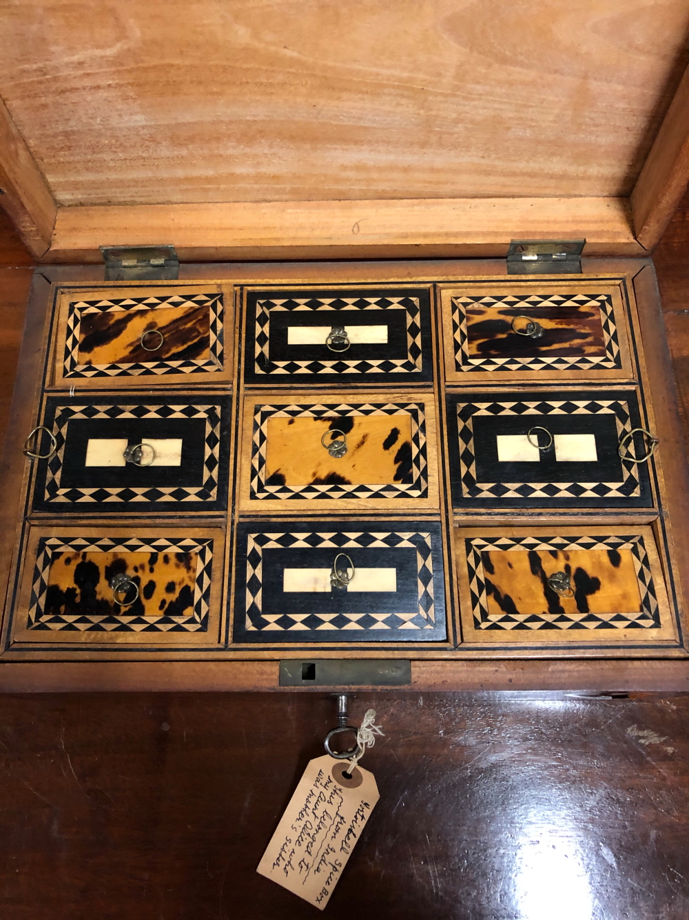 A 19th C. INDIAN TORTOISESHELL SPICE BOX, THE VENEERS ON THE RECTANGULAR LID DIVIDED BY EBONY AND - Image 3 of 21