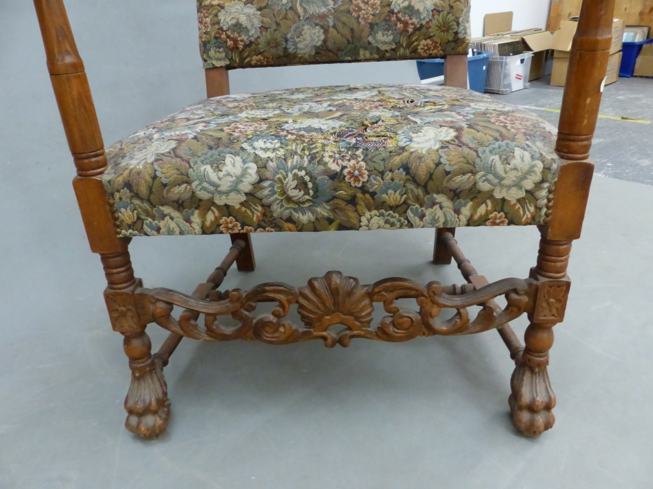A CHARLES II STYLE BEECH WOOD ELBOW CHAIR WITH FLORAL UPHOLSTERED RECTANGULAR BACK AND SEAT - Image 7 of 9