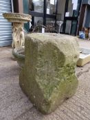 AN ANTIQUE CARVED STONE ELEMENT, A LARGE ANTIQUE STONE COLUMN SUPPORT, A LATER THREE GRACES BIRD