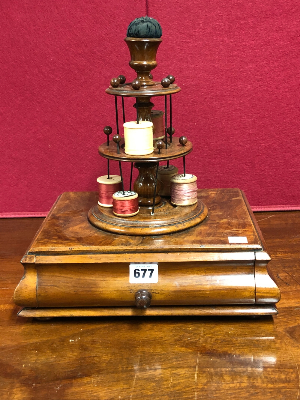 A VICTORIAN WALNUT SEWING COMPENDIUM, THE TWO GRADED CIRCULAR TIERS OF THE COTTON REEL ABOVE A - Image 10 of 18