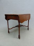 A 19th C. MAHOGANY PEMBROKE TABLE, THE SERPENTINE EDGED FLAPS LINE INLAID, A DRAWER TO ONE END,
