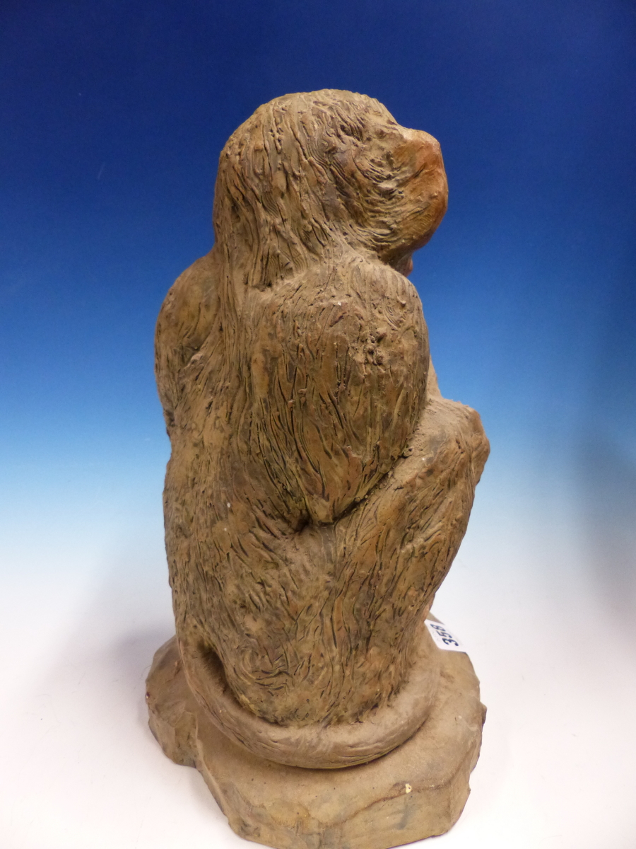 A STUDIO POTTERY FIGURE OF A SEATED MONKEY, THE OATMEAL CLAY TINTED IN COLOURS, INDISTINCTLY SIGNED. - Image 7 of 10