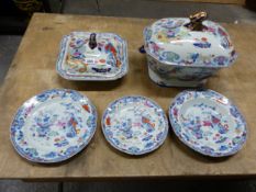 AN EARLY 19th C. MASONS PATENT IRONSTONE CHINA PART DINNER SERVICE PRINTED IN BLUE AND OVERPAINTED