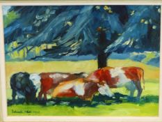 20th.C. SCHOOL. CATTLE, SIGNED INDISTINCTLY, OIL ON BOARD, 23 x 29cms.