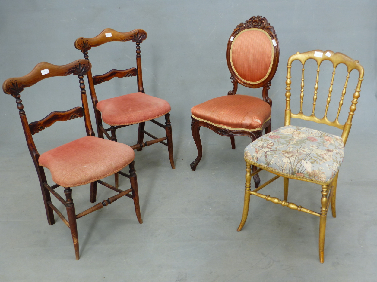 A PAIR OF LATE VICTORIAN BEDROOM CHAIRS , TOGETHER WITH A GILT EXAMPLE AND ANOTHER IN ROSEWOOD (4).