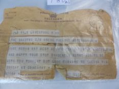 A 1964 POST OFFICE TELEGRAM FROM BRIAN EPSTEIN TO "THE DAKOTAS", ADDRESSED TO MIKE, ROBIN, RAY ...