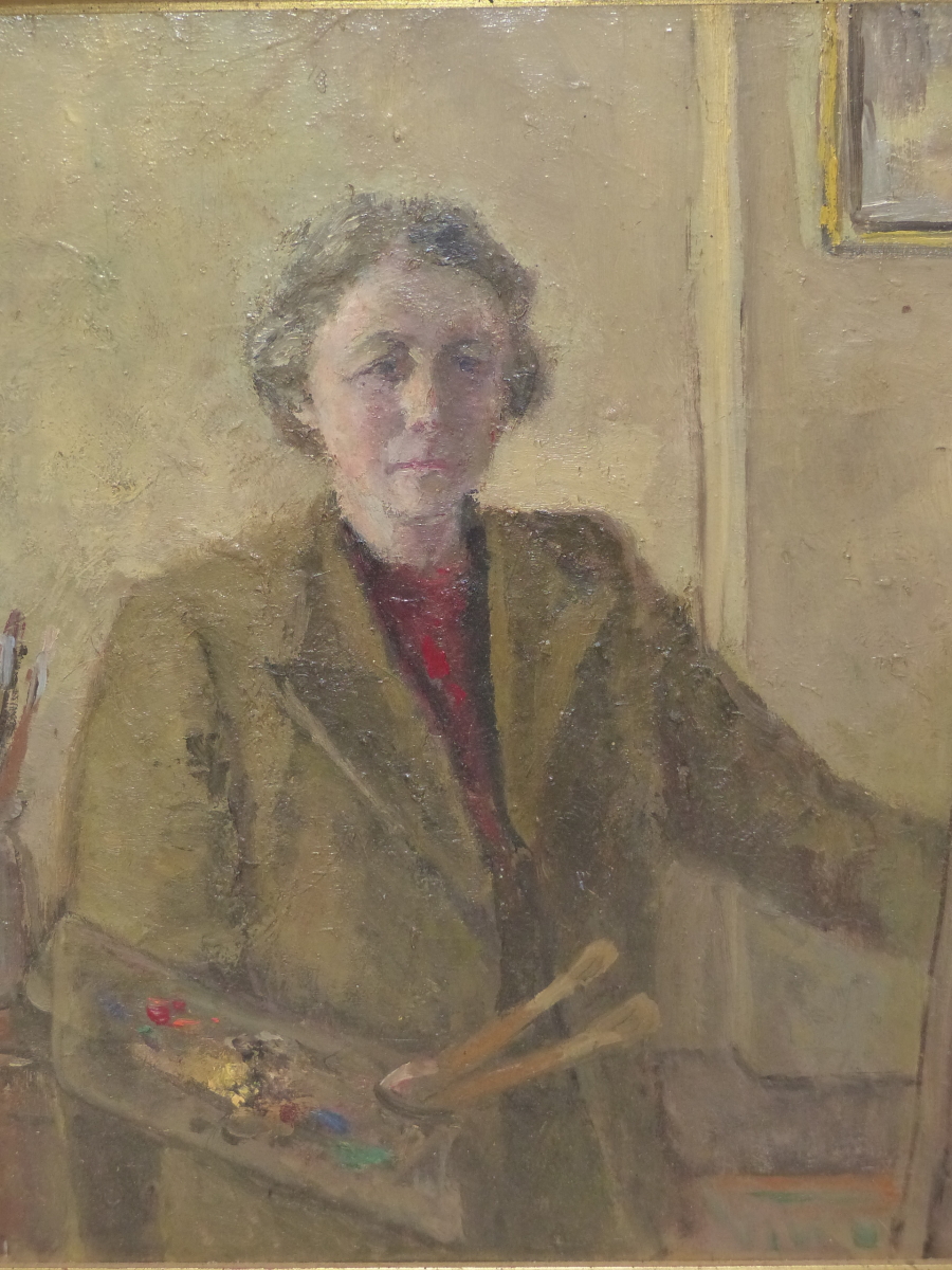 ANNE SPENCER DOWDESWELL (20th.C.). SELF PORTRAIT, EXHIBITION LABEL VERSO, 41 x 36cms; TOGETHER