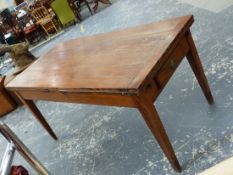 A COUNTRY FRENCH ANTIQUE FRUITWOOD DRAW LEAF REFECTORY TABLE WITH A DRAWER TO ONE NARROW END ABOVE