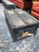 A VINTAGE IRON BOUND CAMPHOR WOOD TRAVELLING TRUNK, TOGETHER WITH TWO PAINTED PINE TRUNKS, ONE WITH