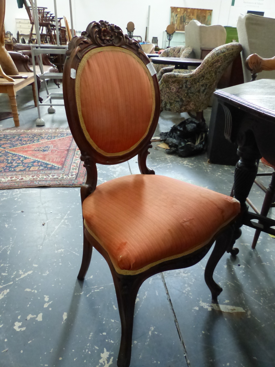 A PAIR OF LATE VICTORIAN BEDROOM CHAIRS , TOGETHER WITH A GILT EXAMPLE AND ANOTHER IN ROSEWOOD (4). - Image 2 of 4