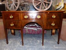 A 19th C. MAHOGANY BOW FRONT SIDEBOARD, THE CONFIGURATION OF FIVE DRAWERS WITH LINE INLAID EDGES