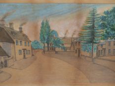 ENGLISH NAÏVE SCHOOL. A RURAL VILLAGE SCENE WITH A WATCHFUL DOG, WATERCOLOUR, 28 x 42cms.