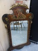 A BEVELLED GLASS RECTANGULAR MIRROR WITHIN A GILT SLIP AND WALNUT FRAME PAINTED WITH FLOWERS, THE