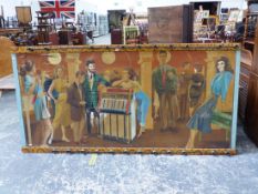 A MID 20th C. FAIRGROUND HOARDING LIT FROM ABOVE AND BELOW AND PAINTED WITH FIGURES GATHERED ABOUT A