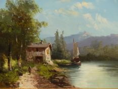 19th.C. CONTINENTAL SCHOOL. A RIVER VIEW, SIGNED INDISTINCTLY, OIL ON CANVAS, 47 x 55cms.