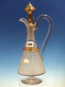 A WHITE METAL MOUNTED CLEAR GLASS CLARET JUG, THE CONICAL BODY ETCHED WITH FLOWERS AND FOLIAGE AND