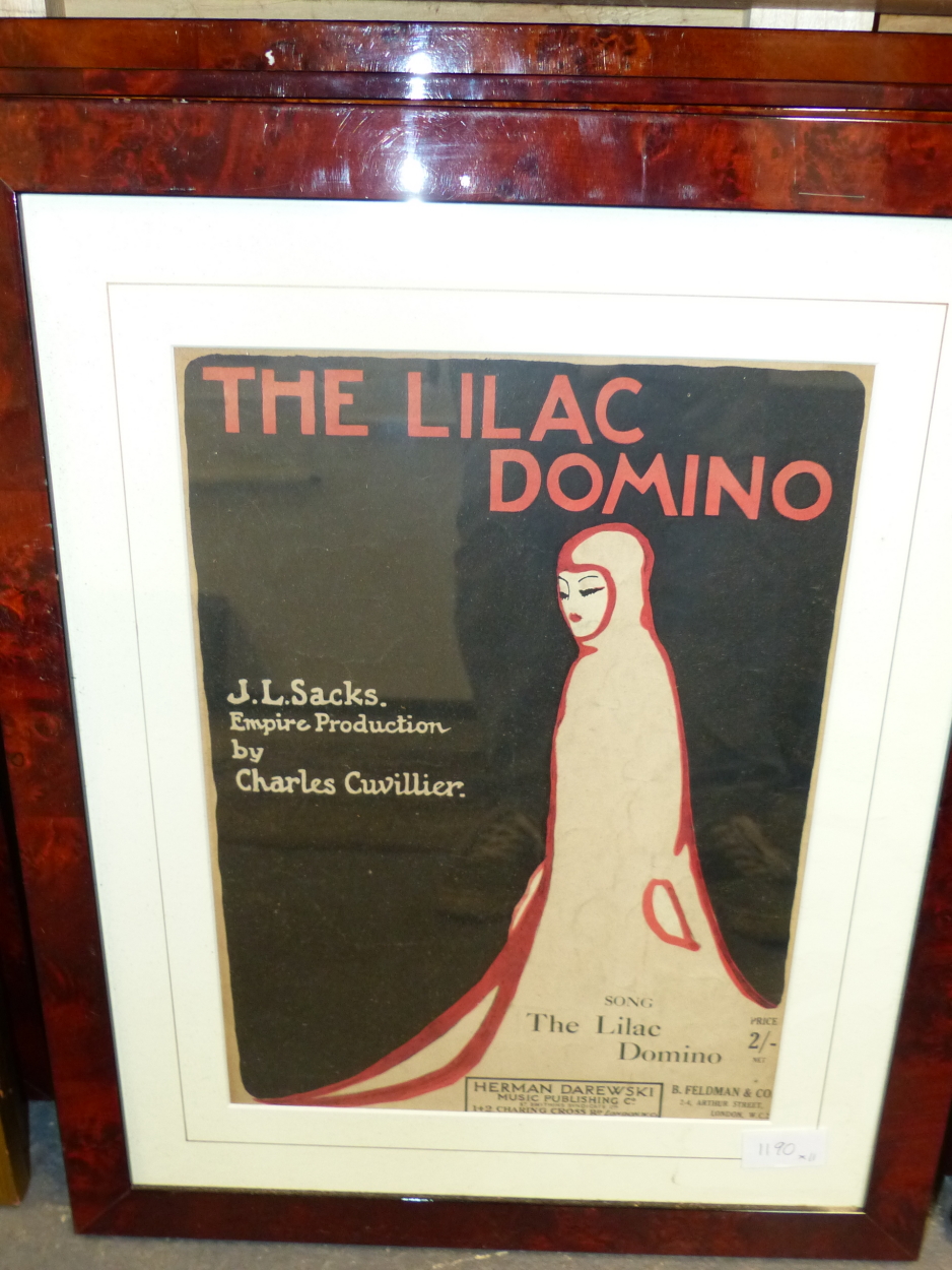 A GROUP OF TEN VINTAGE SHEET MUSIC COVERS AND FRENCH EARLY 20th.C RISQUE PRINTS, 31 x 24cms, IN