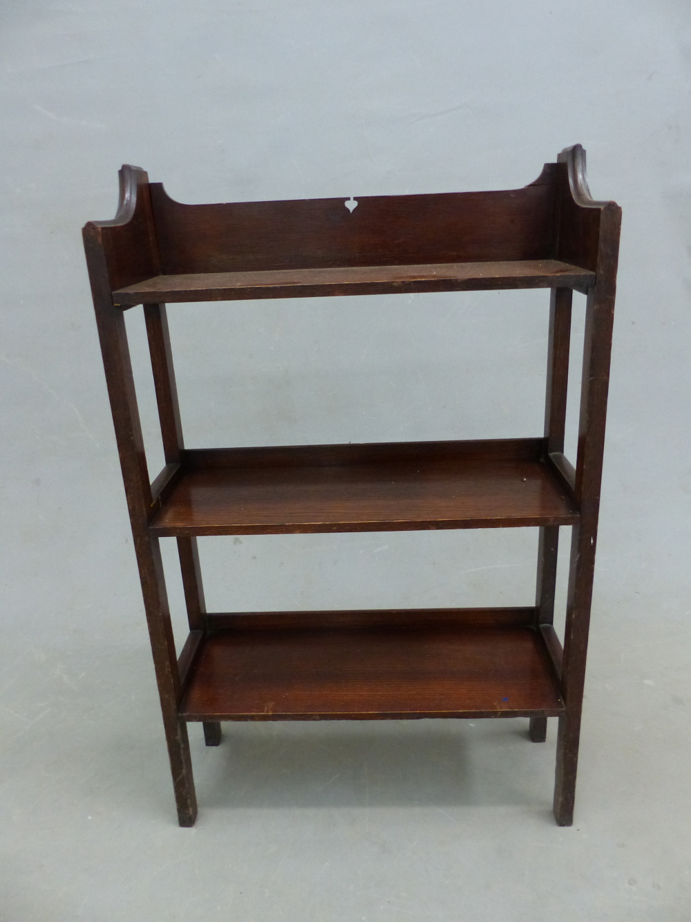 A PAIR OF ARTS AND CRAFTS OAK OPEN BOOK CASES, THREE QUARTER GALLERIES TO THE TOP OF THE THREE - Image 6 of 8