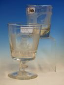 A CLEAR GLASS TUMBLER ENGRAVED WITH A SHIP SAILING UNDER SUNDERLAND BRIDGE. H 10cms. TOGETHER WITH A