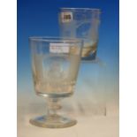 A CLEAR GLASS TUMBLER ENGRAVED WITH A SHIP SAILING UNDER SUNDERLAND BRIDGE. H 10cms. TOGETHER WITH A