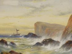 DUDLEY WARD (19th/20th.C. ENGLISH SCHOOL). ' A FISHING BOAT OFF A ROCKY COAST, SIGNED WATERCOLOUR.