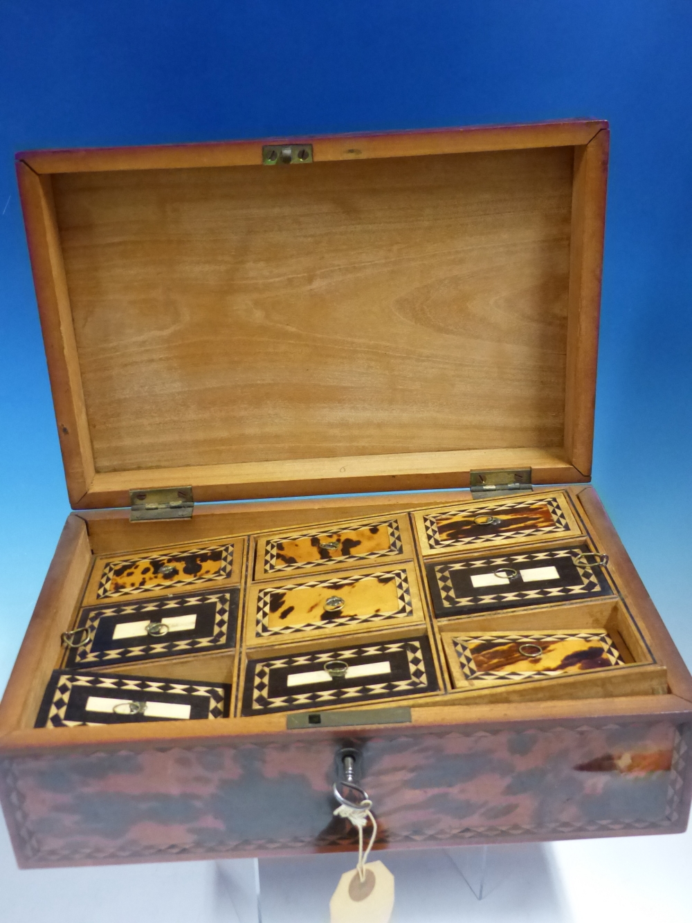 A 19th C. INDIAN TORTOISESHELL SPICE BOX, THE VENEERS ON THE RECTANGULAR LID DIVIDED BY EBONY AND - Image 20 of 21