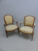 TWO ANTIQUE FRENCH BEECH AND WALNUT FAUTEUILS, BOTH WITH REEDED ARMS AND ON FLUTED TAPERING CYLIND