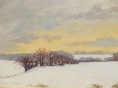 JOHN WEBSTER (b. 1932). ARR. WINTER NEAR SOBERTON, SIGNED, OIL ON BOARD, 46 x 61cms.