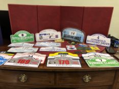 A COLLECTION OF 30 RALLY AND CAR BADGES FROM THE 1990S TO THE 2010S TOGETHER WITH AN ITALIAN LAKES