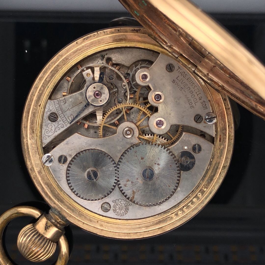 A THOMAS RUSSELL & SON, LIVERPOOL OPEN FACE GOLD PLATED ELGIN POCKET WATCH WITH SUBSIDIARY SECONDS - Image 6 of 8