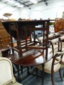TWO EARLY MAHOGANY /WALNUT DROP LEAF GATELEG TABLES, ONE WITH APRON DRAWER. LARGEST W. (OPEN) 129