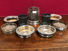 THREE PAIRS OF OLD SHEFFIELD PLATE WINE COASTERS TOGETHER WITH A PAIR OF PLATE BOTTLE HOLDERS AND