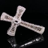 A 9ct WHITE GOLD LARGE BAGUETTE AND BRILLIANT CUT DIAMOND CROSS. MEASUREMENTS APPROX 5cms X 3cms,