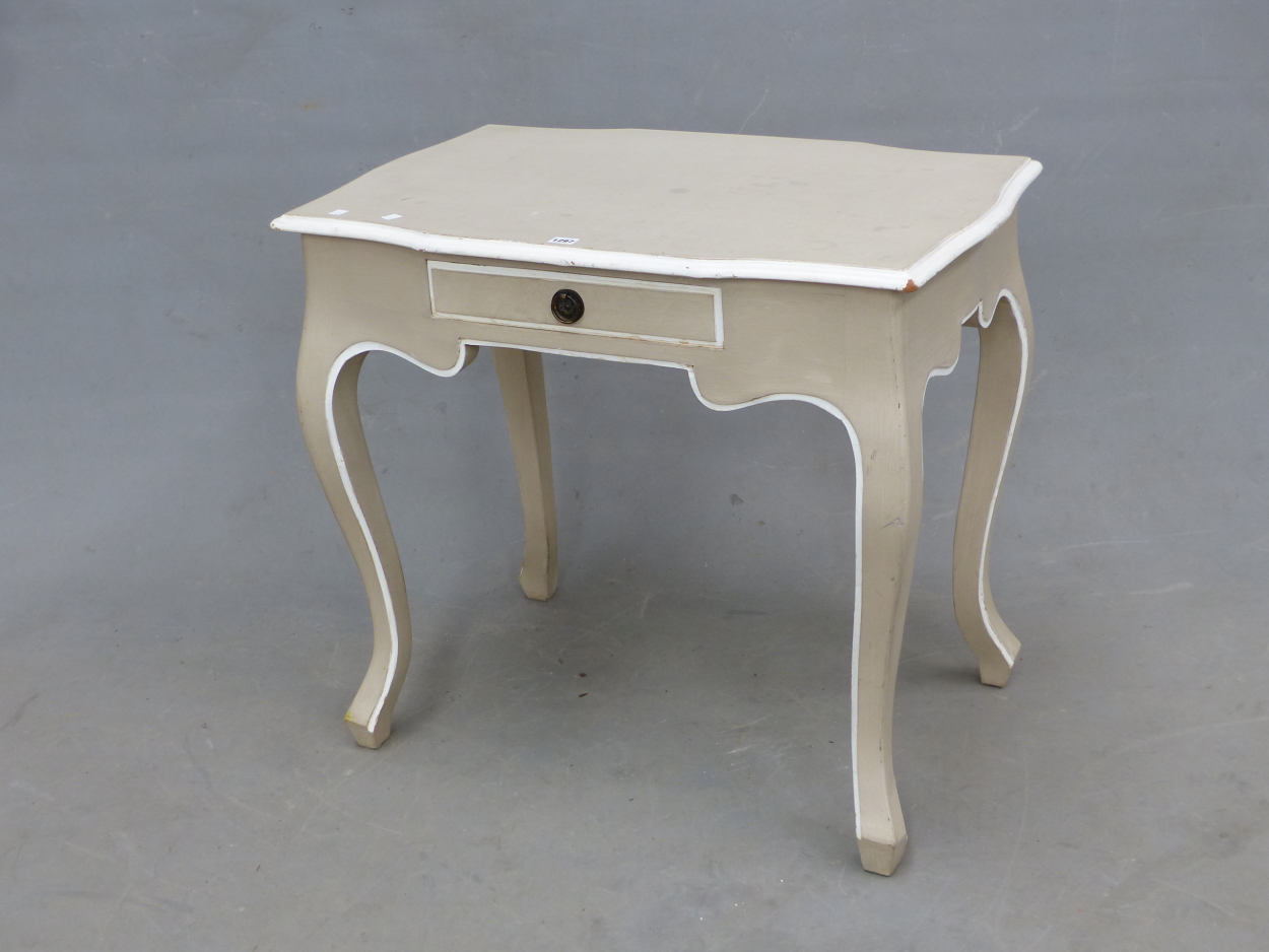 A FRENCH COUNTRY STYLE PAINTED SIDE TABLE. WITH APRON DRAWER.