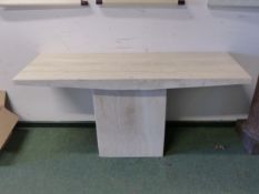 A TUFA RECTANGULAR TABLE, THE TOP SUPPORTED ON A CENTRAL BOX PLINTH. W 150 x D 50 x H 73cms.