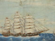 19th.C. ENGLISH NAÏVE SCHOOL. A CLIPPER SHIP UNDER FULL SAIL, OIL ON CANVAS LAID DOWN, 32 x 39cms.