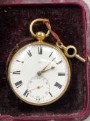 AN 18ct GOLD CASED OPEN FACE KEY WOUND FUSEE MOVEMENT POCKET WATCH, THE DIAL NUMBERED 585, THE