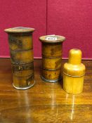 TWO TREEN SPICE TURRETS, ONE FOUR COMPARTMENTS AND THE OTHER OF THREE TOGETHER WITH A TREEN 3 Oz.