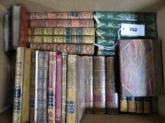 A QUANTITY OF BOOKS, MAINLY LEATHER BOUND, TO INCLUDE WORKS BY SHAKESPEARE, THACKERAY, MAUPASSANT,