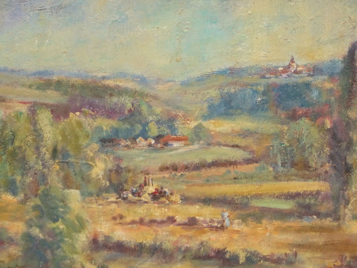 20th.C. CONTINENTAL SCHOOL. A COUNTRY LANDSCAPE WITH DISTANT VILLAGE, INDISTINCTLY SIGNED AND