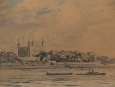 20th.C. SCHOOL. THE TOWER OF LONDON, INDISTINCTLY SIGNED AND INSCRIBED, WATERCOLOUR 32 x 52cms.