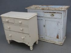 A VICTORIAN WHITE PAINTED PINE CHEST OF TWO SHORT AND TWO LONG DRAWERS ON BALUSTER FEET. W 91 x D 41