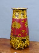 A DOULTON TUDOR PATTERN VASE WITH BIRDS BETWEEN FRUITING PALMS ON A RED GROUND, OCHRE BANDS ABOVE