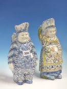 TWO FRENCH FAIENCE CHARACTER JUGS, POSSIBLY DESVRES, THE MALE STANDING FIGURE PAINTED IN B;LUE AND